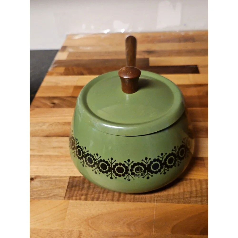 Vintage Green Enamel Fondue Pot Saucepan Floral MCM Boho Wood Handle 1970s